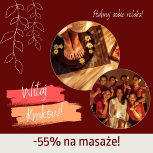 Baner promujący przedsprzedaż masaży -50% z okazji otwarcia Samui Spa w Krakowie