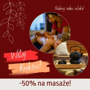 Baner promujący przedsprzedaż masaży -50% z okazji otwarcia Samui Spa w Krakowie