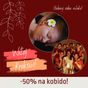 Baner promujący przedsprzedaż masaży -50% z okazji otwarcia Samui Spa w Krakowie